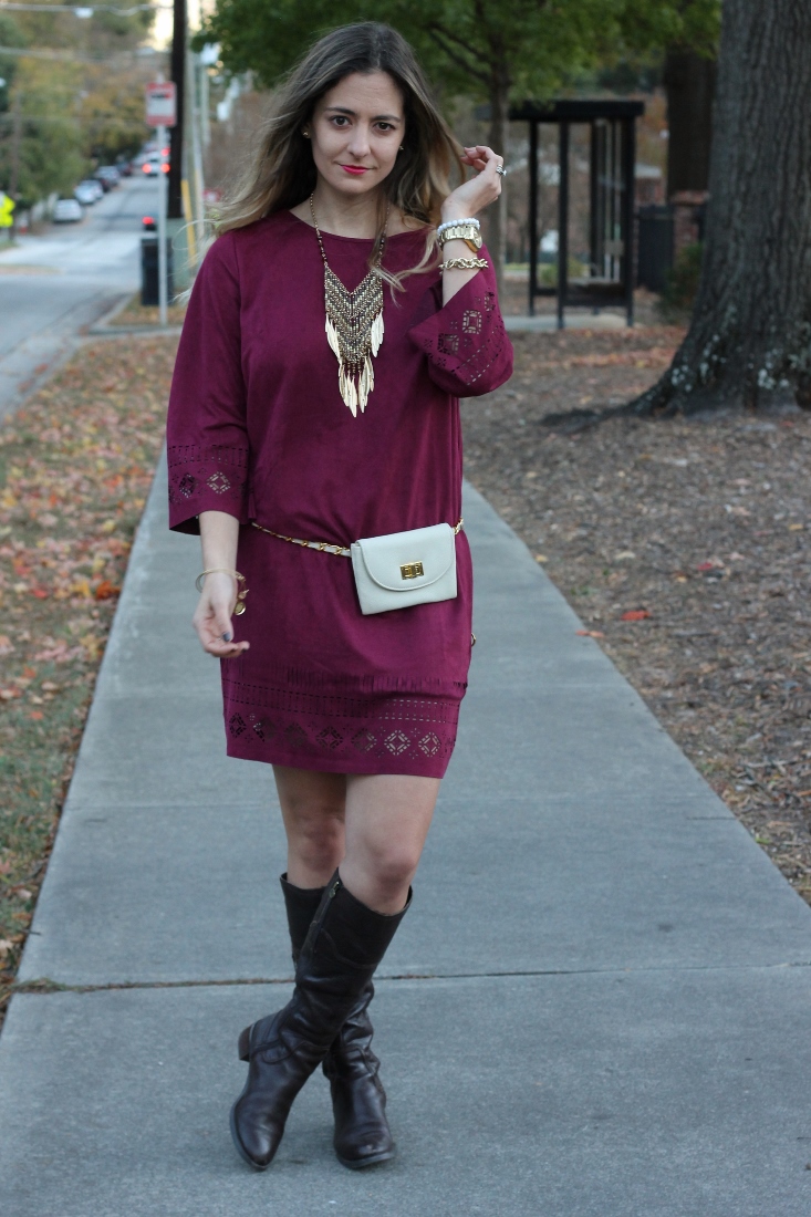 Bedazzles After Dark Game Day Outfit Suede Garnet Dress